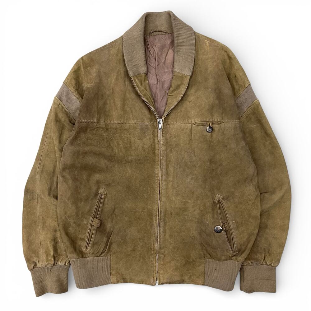 Vintage Suede Leather Bomber Jacket Knit Shawl Collar Light Brown Patina Size M
